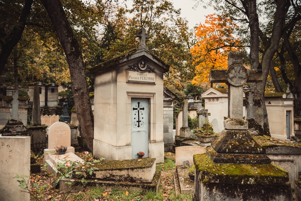 a cemetery with a blue door surrounded by trees