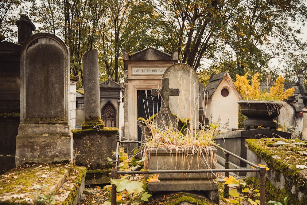 a cemetery with a bunch of tombstones and trees