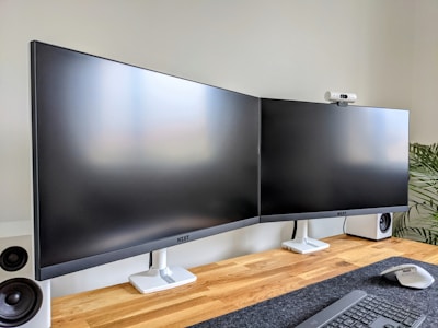 Two large, black computer monitors are set up on a wooden desk with white stands. A white webcam is positioned on top of one of the monitors. There are speakers on either side of the monitors, and an ergonomic keyboard and mouse are placed on a gray desk mat. A green plant is partially visible in the background.