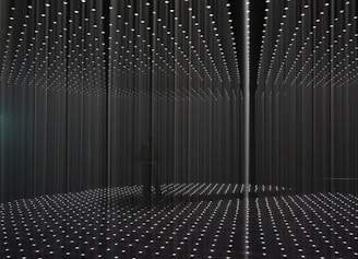 An installation art piece featuring a room filled with long strands of illuminated lights hanging from the ceiling, creating a grid-like pattern. The floor reflects the arranged lights, enhancing the three-dimensional effect. The space appears dark, with the lights providing the primary source of illumination.