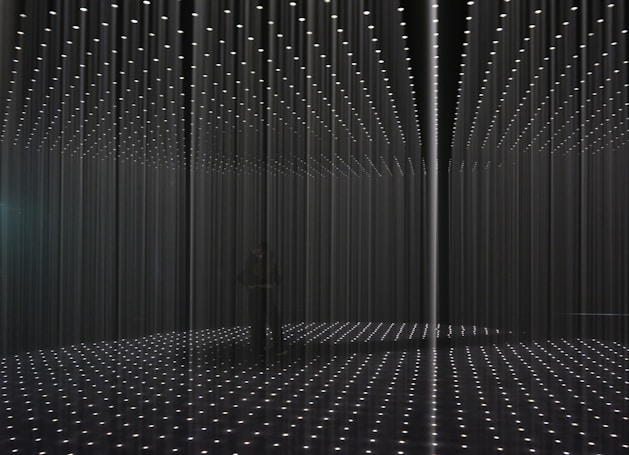 An installation art piece featuring a room filled with long strands of illuminated lights hanging from the ceiling, creating a grid-like pattern. The floor reflects the arranged lights, enhancing the three-dimensional effect. The space appears dark, with the lights providing the primary source of illumination.