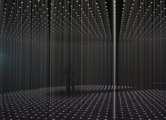 An installation art piece featuring a room filled with long strands of illuminated lights hanging from the ceiling, creating a grid-like pattern. The floor reflects the arranged lights, enhancing the three-dimensional effect. The space appears dark, with the lights providing the primary source of illumination.