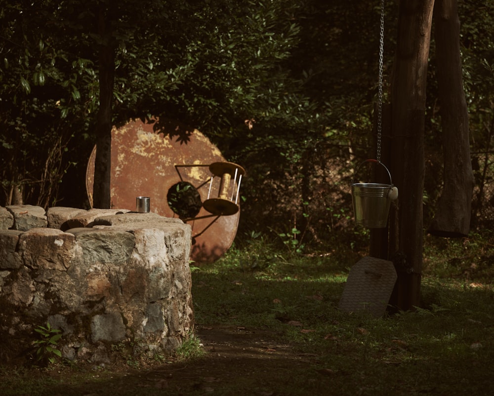 a chair sitting on top of a stone wall