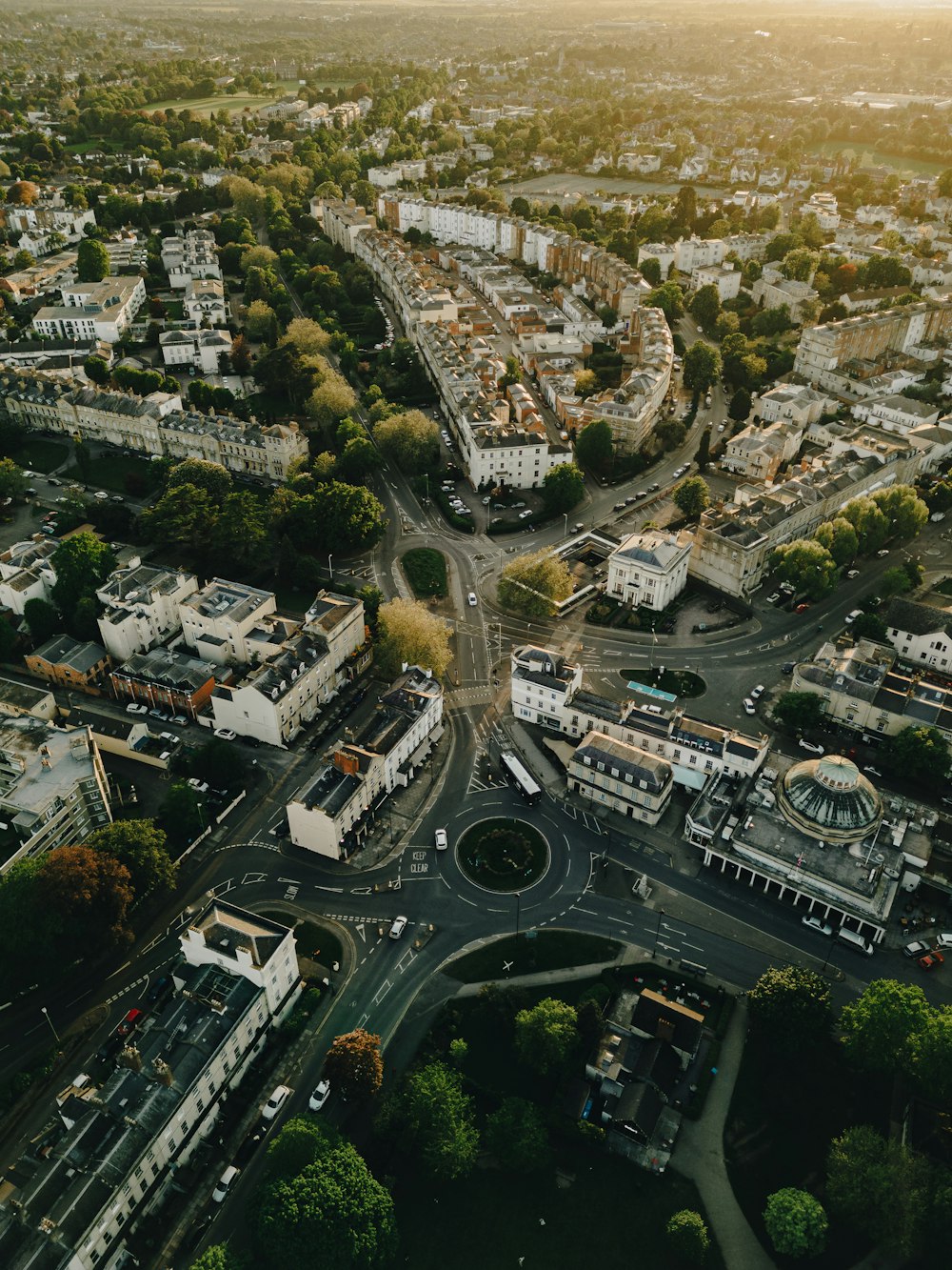 an aerial view of a street intersection in a city