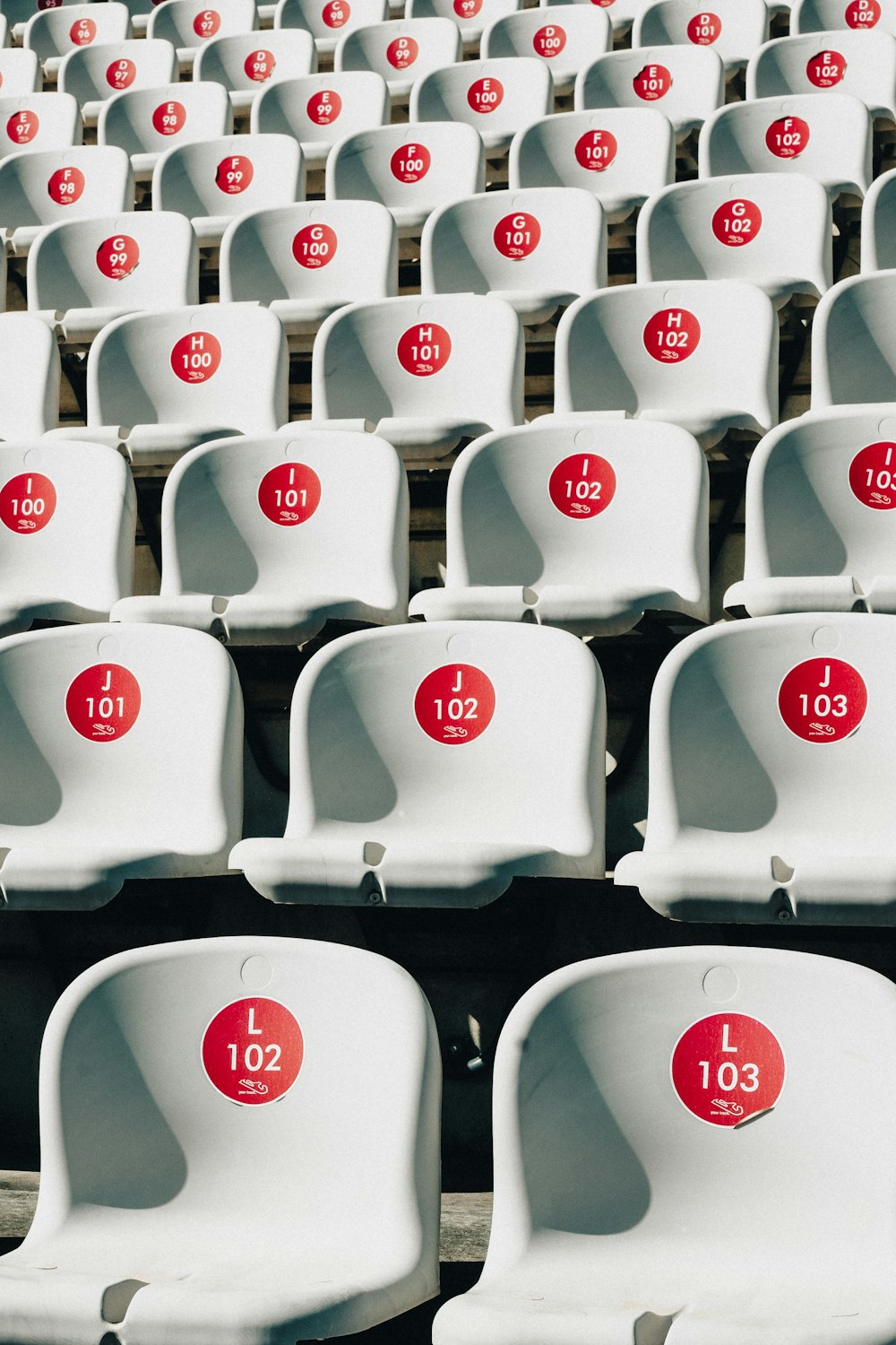 rows of white chairs with red numbers on them