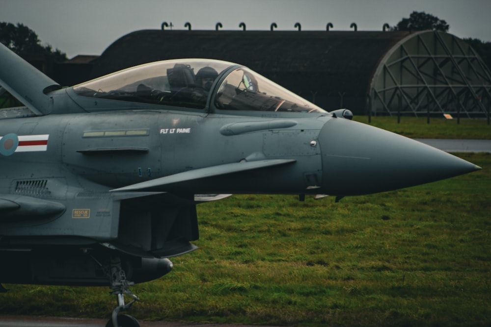 a fighter jet sitting on top of a lush green field