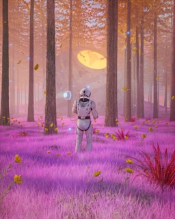 a man in a space suit standing in a field of purple flowers
