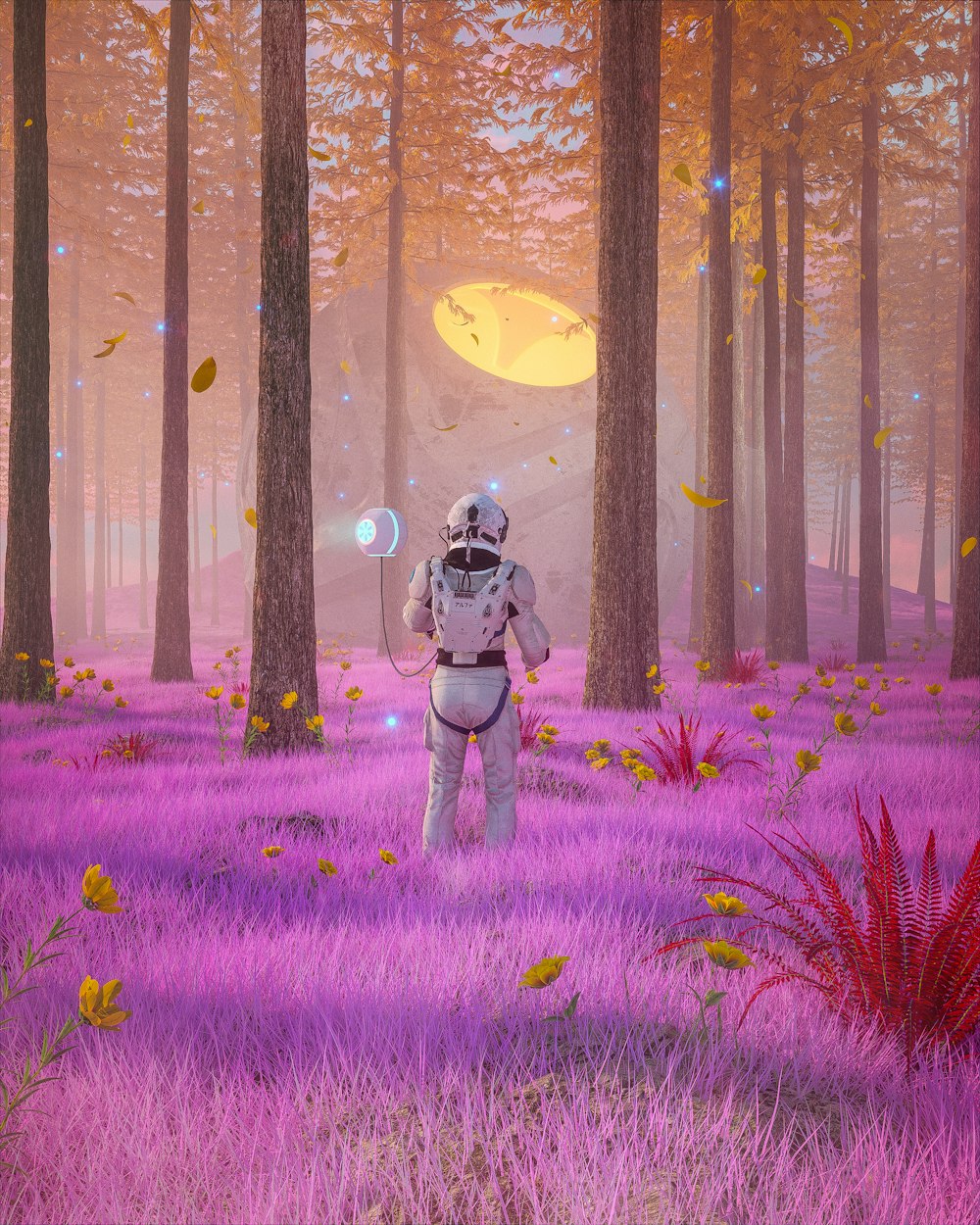 Un hombre con un traje espacial de pie en un campo de flores púrpuras