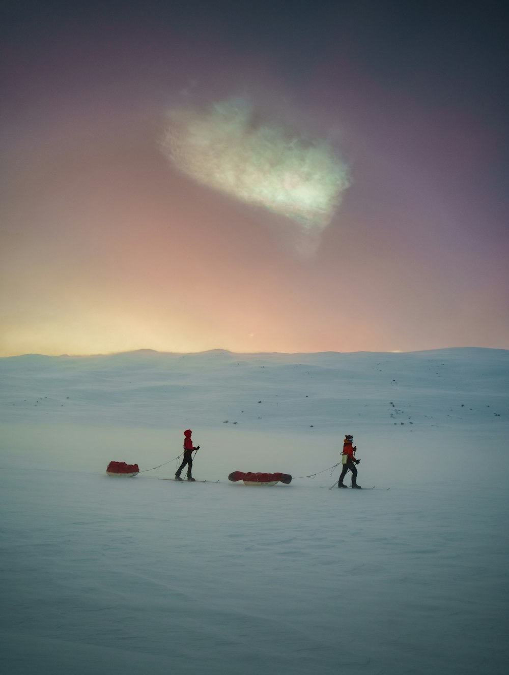 a couple of people walking across a snow covered field