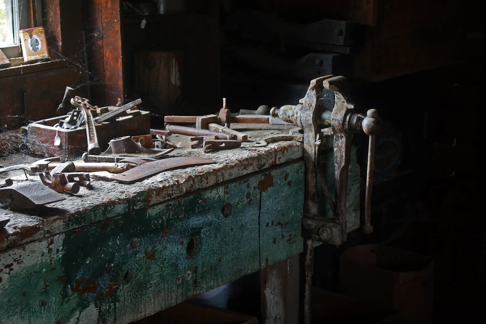 Organized workshop bench with measuring and hand tools