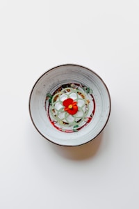 A decorative ceramic bowl contains an artfully arranged dessert, featuring white and green elements, garnished with a vibrant red flower. The bowl is set against a stark white background, emphasizing its artistic presentation.