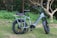 A sleek electric bike with a sturdy frame and large wheels is parked on grassy terrain. The bike has a cushioned seat and a rear carrier. It is set against a backdrop of lush green foliage and trees.