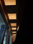 A series of rectangular recessed lights are embedded in the ceiling, extending in a row with a warm glow that contrasts against a dark background. Glass doors and curtains are visible on the left side, suggesting an indoor space.