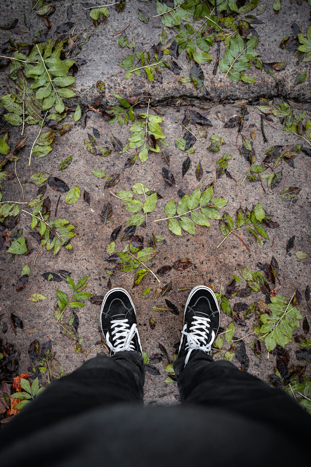 a person wearing black and white shoes standing on a sidewalk