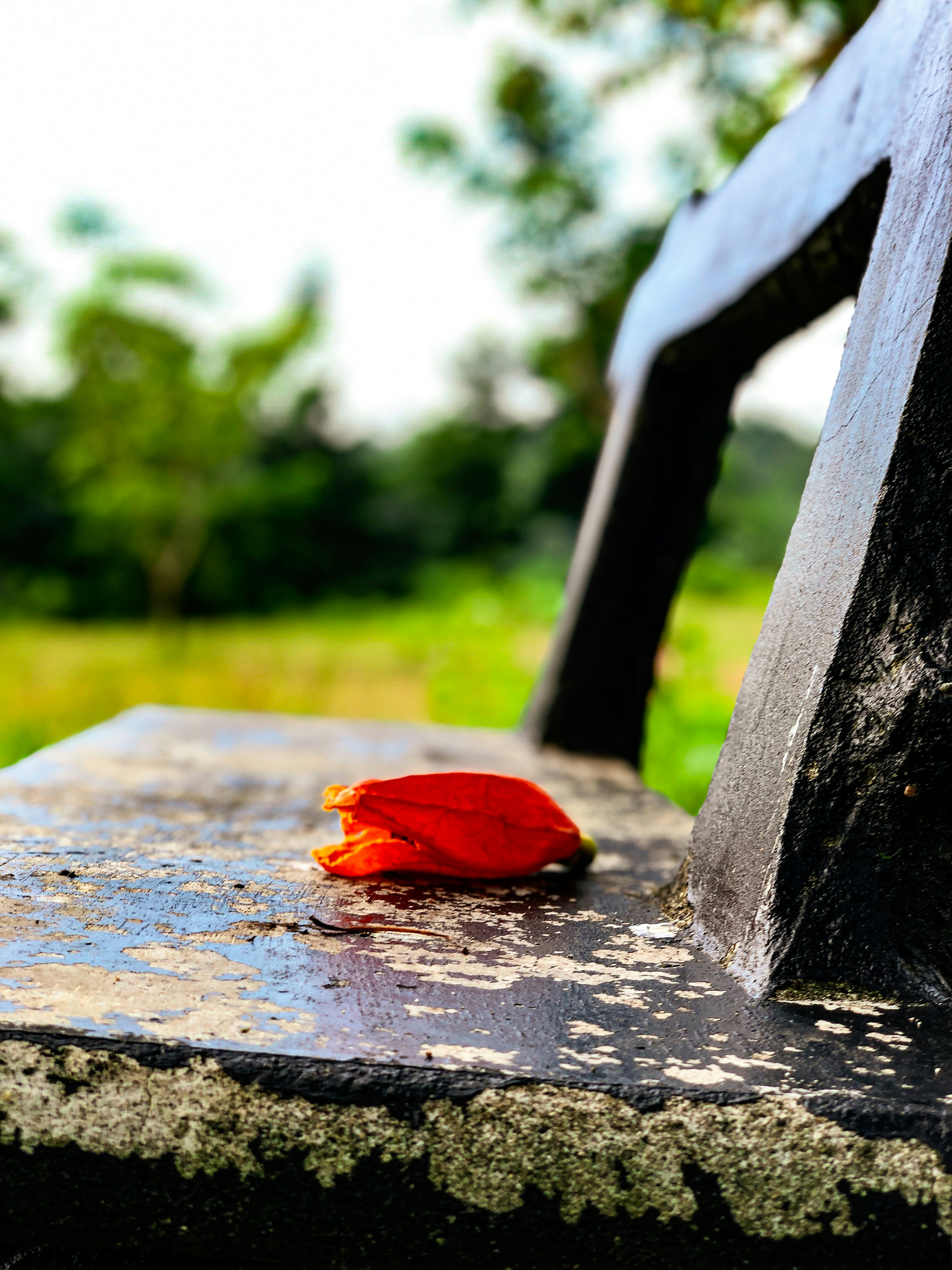 a red piece of cloth sitting on top of a wooden bench
