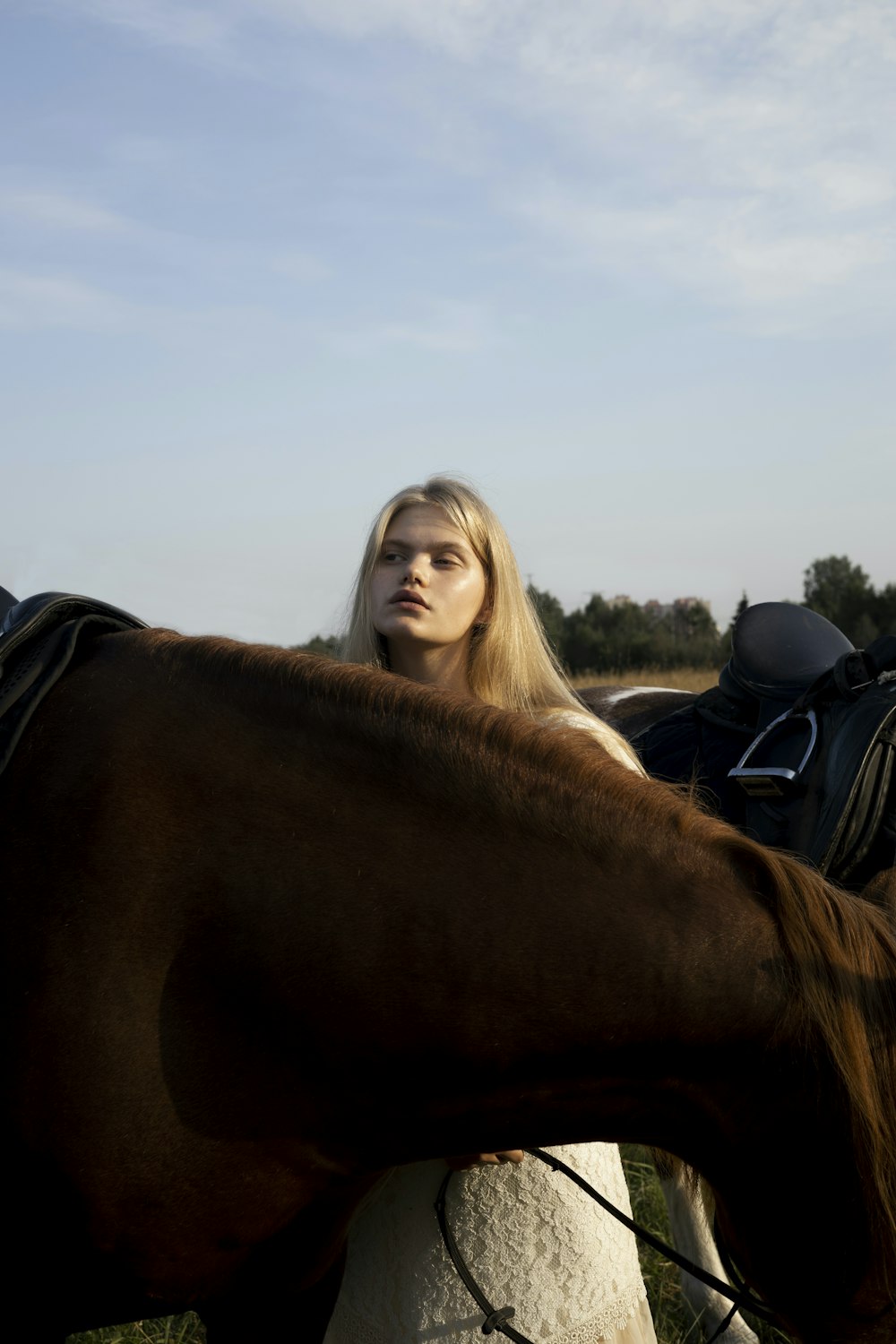 a woman standing next to a brown horse