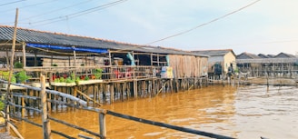 A series of stilt houses built over a body of murky brown water, connected by wooden walkways. The structures are constructed with wooden beams and tin roofs, and some have hanging clothes and potted plants for decoration. The setting appears to be in a rustic, possibly tropical location.