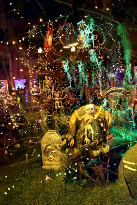 A spooky Halloween-themed event setup with decorations.