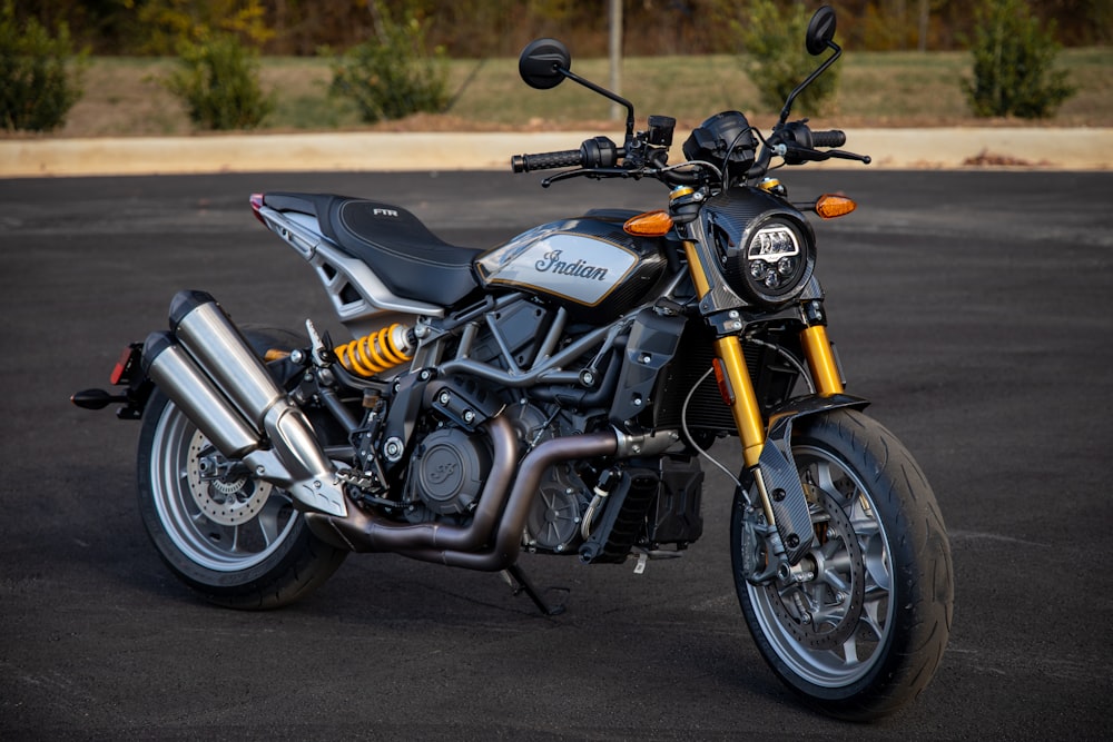 a motorcycle is parked in a parking lot