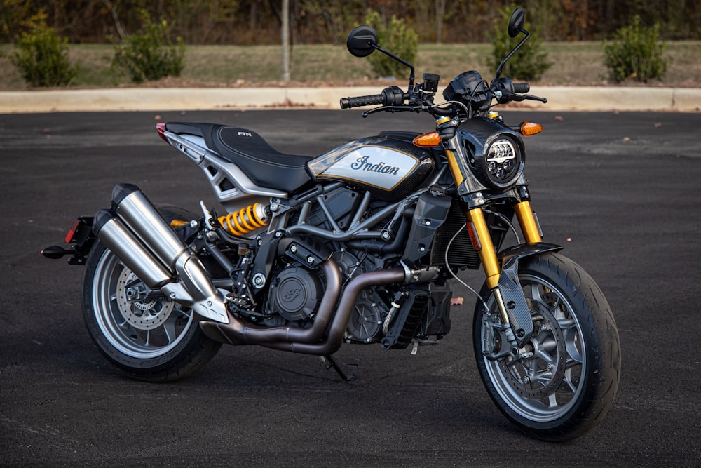 a motorcycle is parked in a parking lot