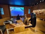 A room with wooden flooring and walls featuring a large screen displaying a serene river scene. Three children are seated on the floor, facing the screen alongside sculptures of a bear and a cat. The atmosphere appears calm and contemplative, with natural-themed decor on the walls.