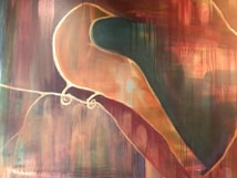 Abstract design with smooth, flowing lines and shapes in earthy tones, featuring a dominant fluid teal shape bordered by peach and burgundy layers. Dark, vertical streaks create a dripping effect, enhancing the abstract aesthetic.