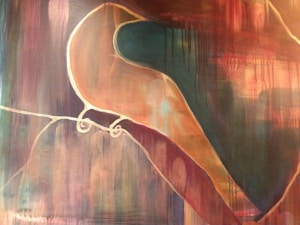 Abstract design with smooth, flowing lines and shapes in earthy tones, featuring a dominant fluid teal shape bordered by peach and burgundy layers. Dark, vertical streaks create a dripping effect, enhancing the abstract aesthetic.