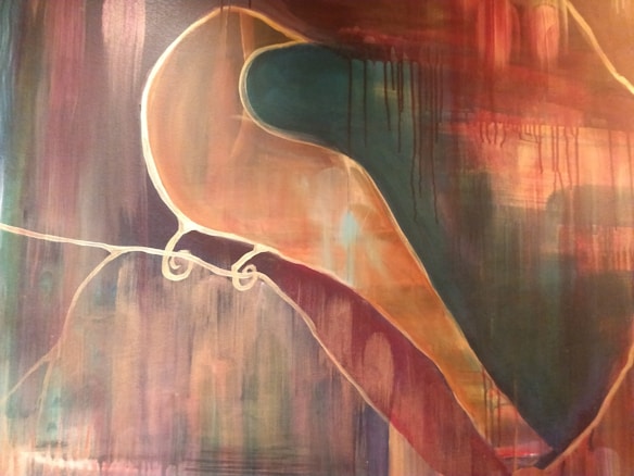 Abstract design with smooth, flowing lines and shapes in earthy tones, featuring a dominant fluid teal shape bordered by peach and burgundy layers. Dark, vertical streaks create a dripping effect, enhancing the abstract aesthetic.