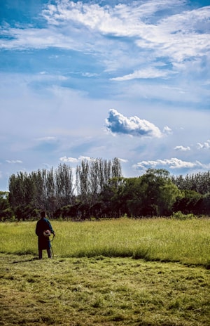 A team member from Lawn Allies trimming a lush green commercial lawn under a bright blue sky.