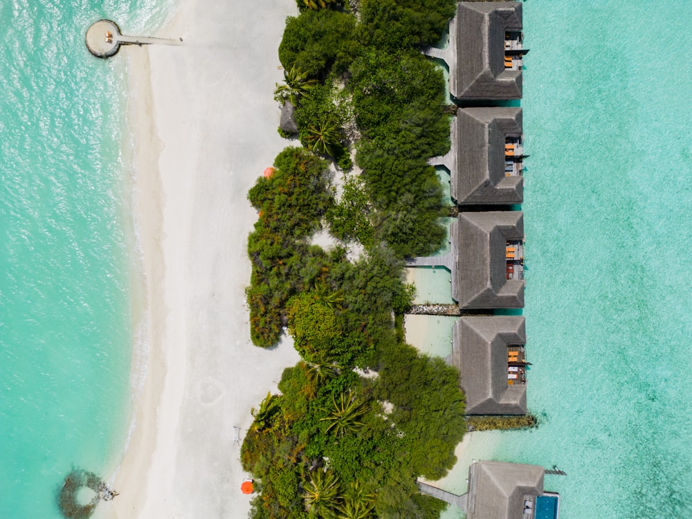 an aerial view of a beach and a resort