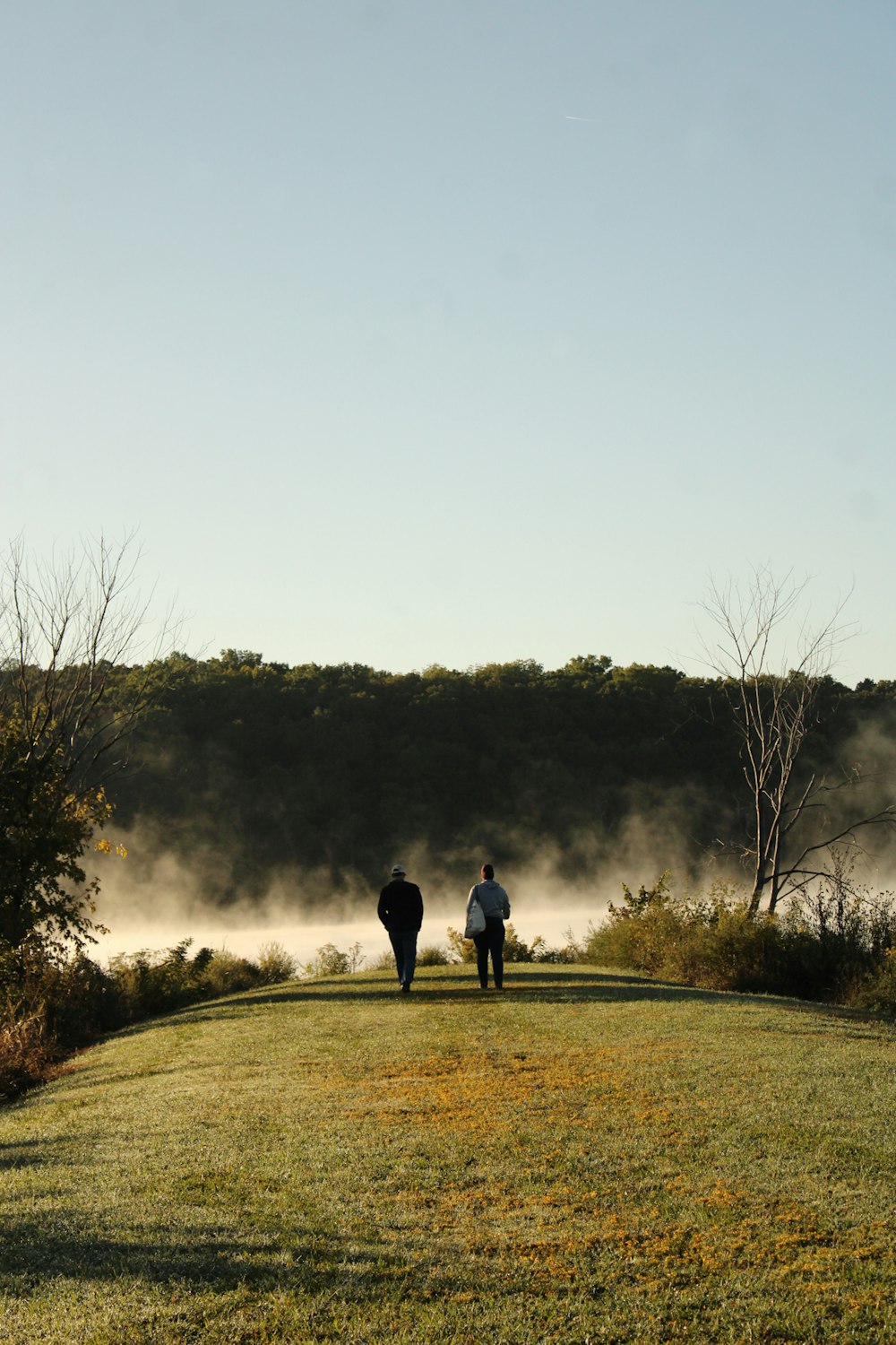 a couple of people that are standing in the grass