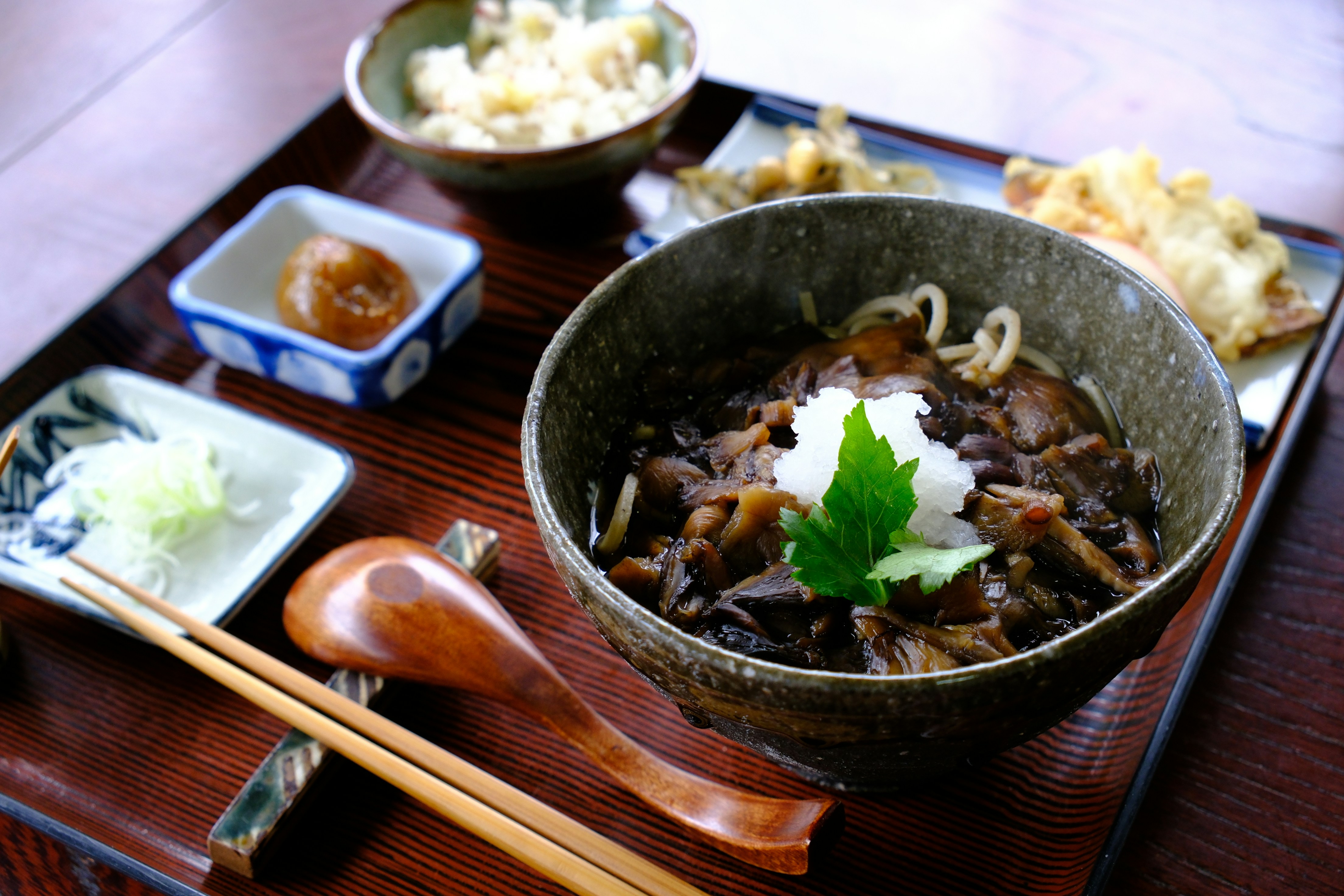 Traditional Japanese mushroom cuisine in a countryside inn