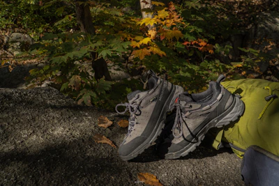 Close-up of durable hiking boots resting on a rocky trail surrounded by autumn leaves.