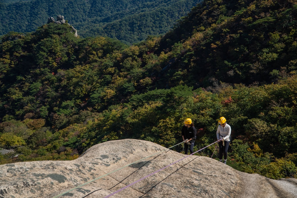 a couple of people standing on top of a mountain