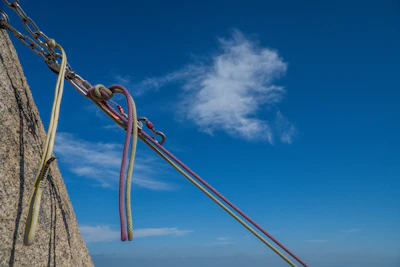 Close-up of climbing gear secured on a rocky surface under bright daylight.