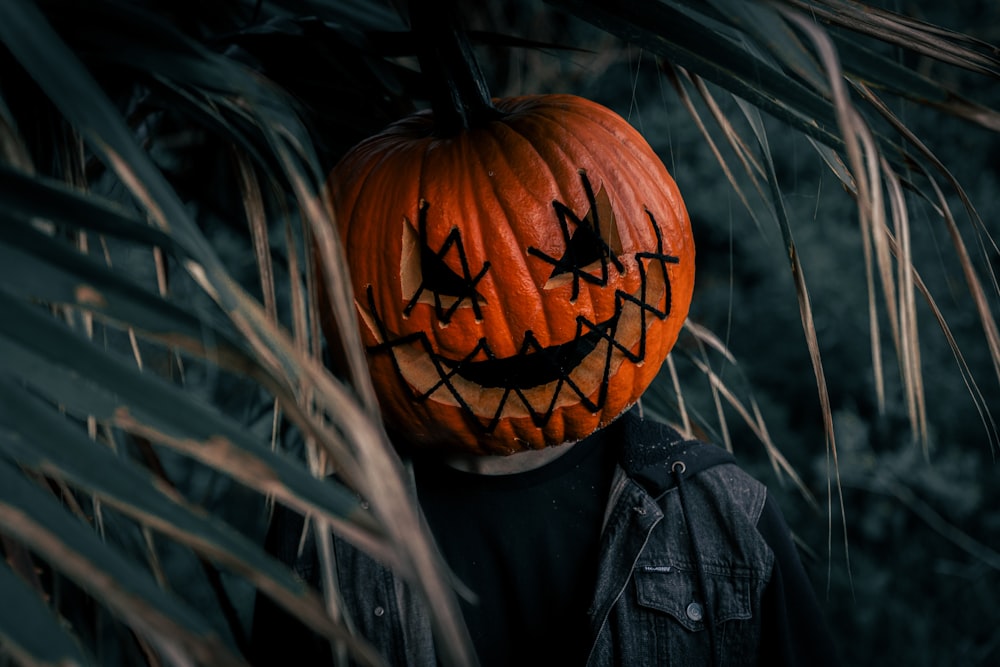 Eine Person, die eine Jack O Lantern Kürbismaske trägt