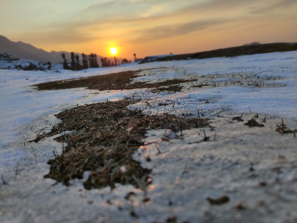 the sun is setting over a snowy field