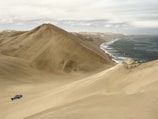 A vast desert landscape with towering sand dunes stretches alongside an ocean shoreline. A lone vehicle is driving up one of the dunes, emphasizing the vastness and isolation of the area. The sky is overcast, casting a muted light over the scene.