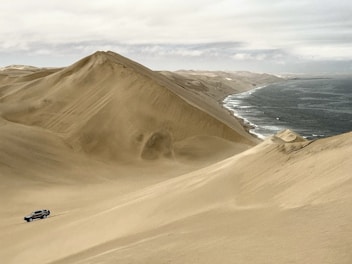 A vast desert landscape with towering sand dunes stretches alongside an ocean shoreline. A lone vehicle is driving up one of the dunes, emphasizing the vastness and isolation of the area. The sky is overcast, casting a muted light over the scene.