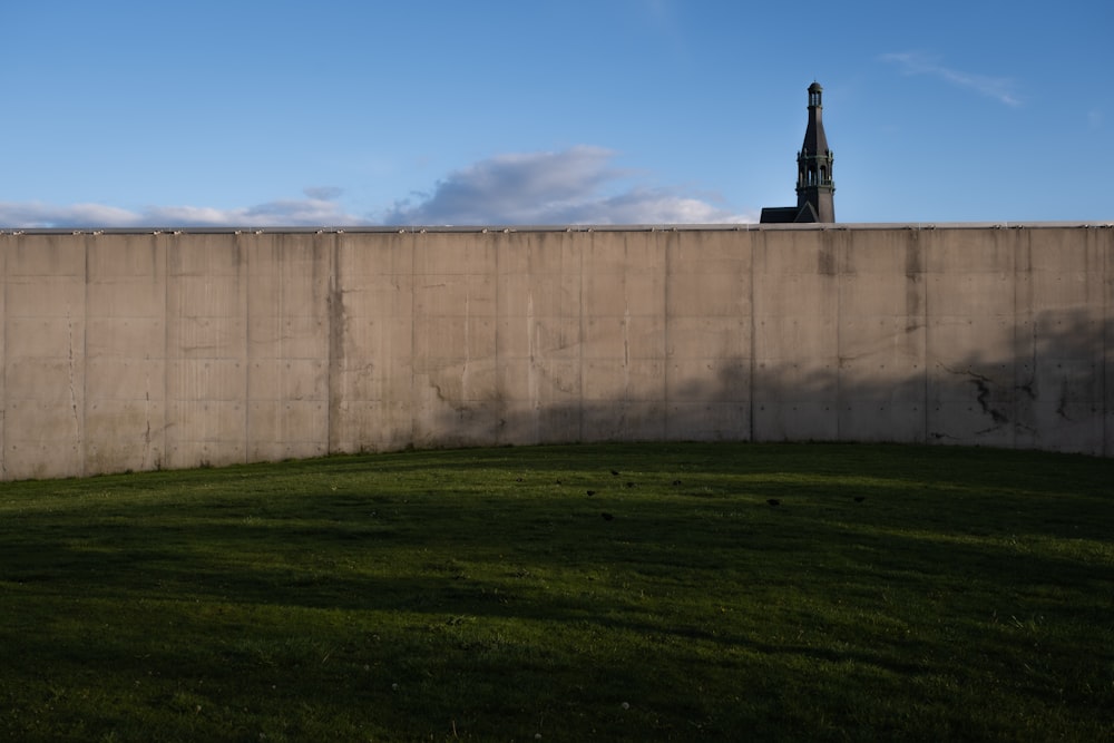 a grassy field next to a wall with a clock tower in the background