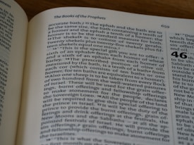 An open book with text written in a serif font. The heading reads 'The Books of the Prophets' and there are numbered verses on the page. The text discusses measurements such as ephah and homer, along with religious and historical references.