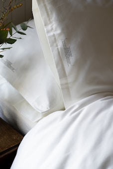 Two white pillows placed on a bed with a crisp white sheet. There is a small branch with green leaves and yellow berries partially visible on the left side.