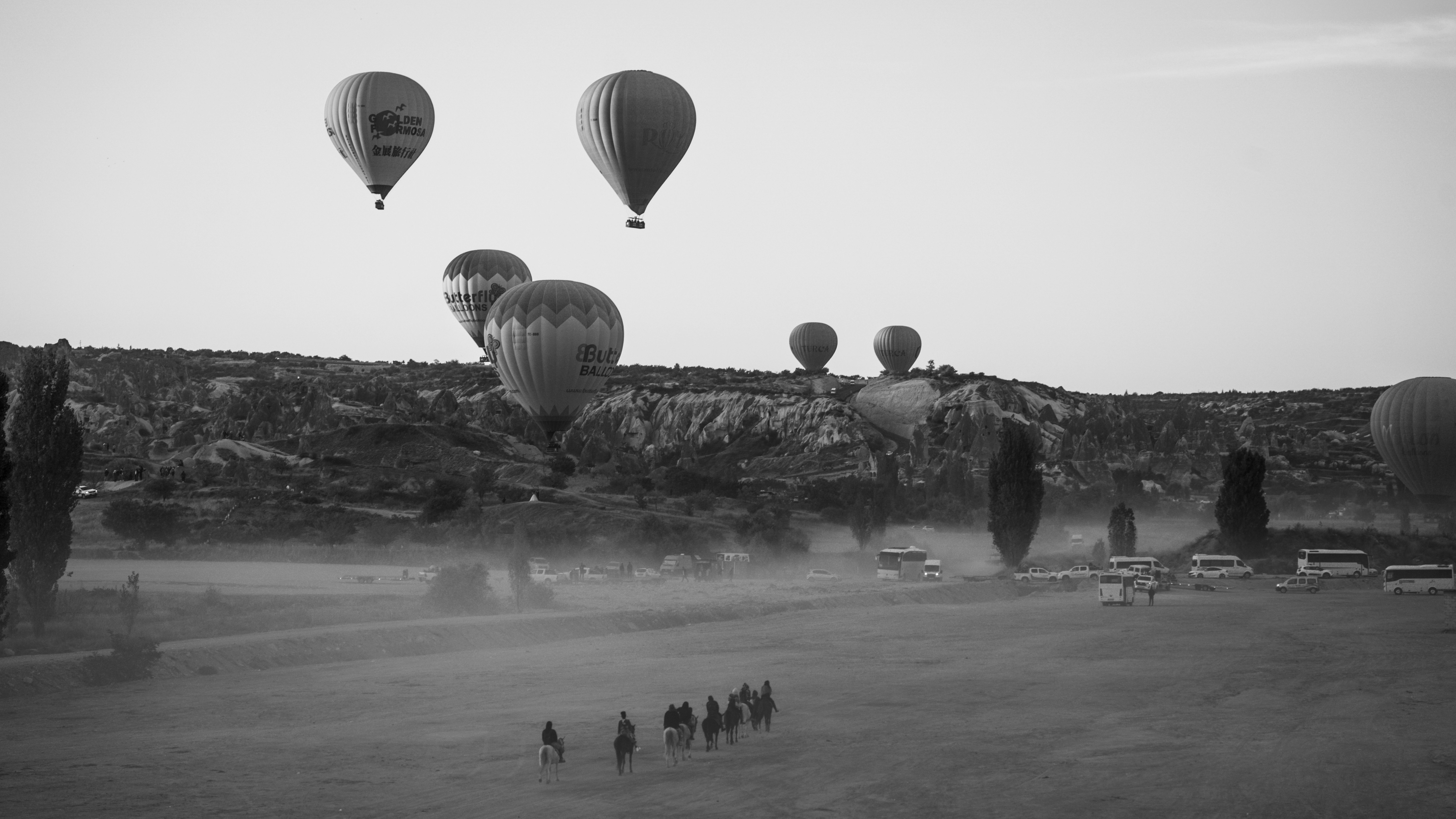 a group of hot air balloons flying over a field