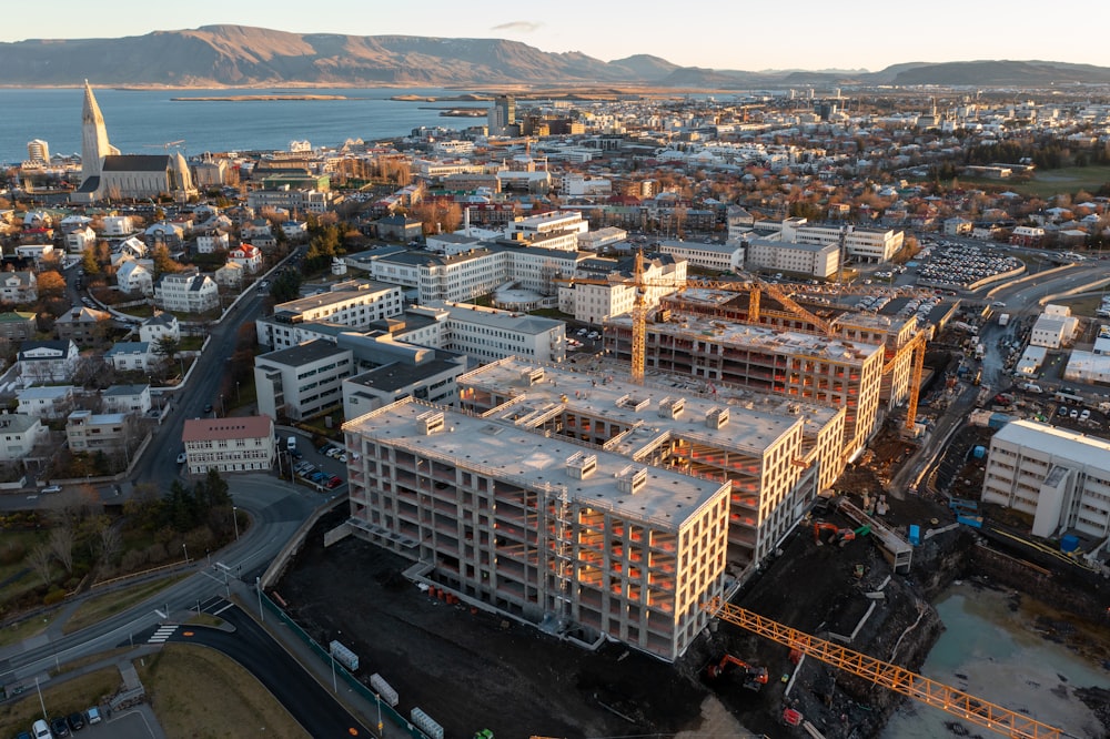 an aerial view of a large building under construction