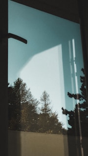 A sparkling clean window reflecting a bright blue sky with leafy trees outside.