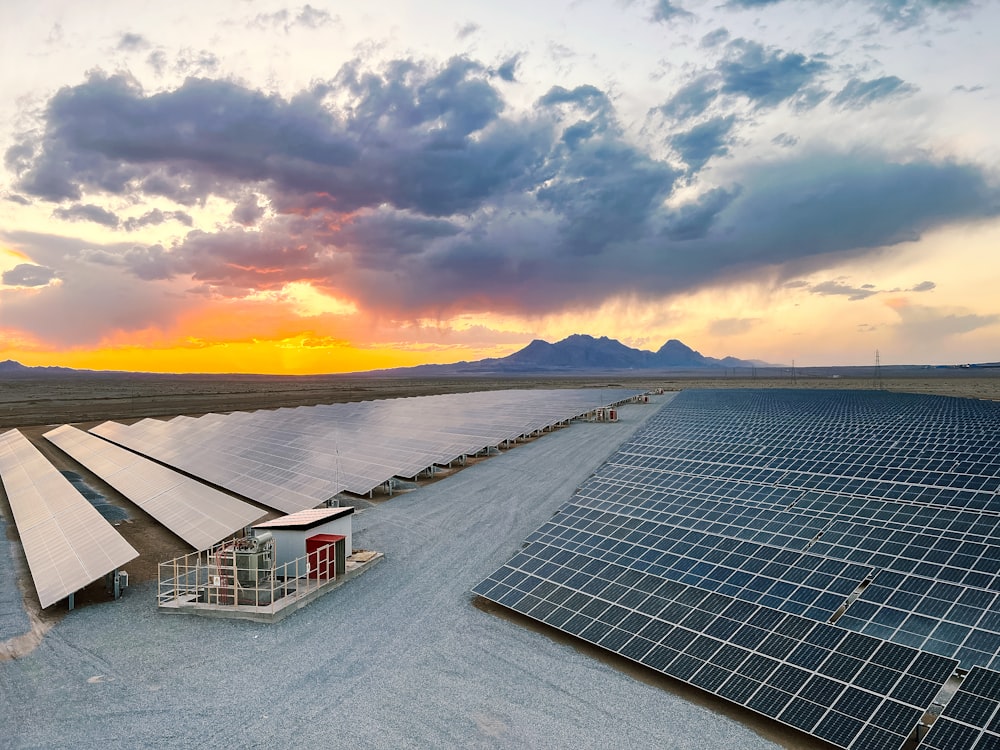 a large array of solar panels in a desert