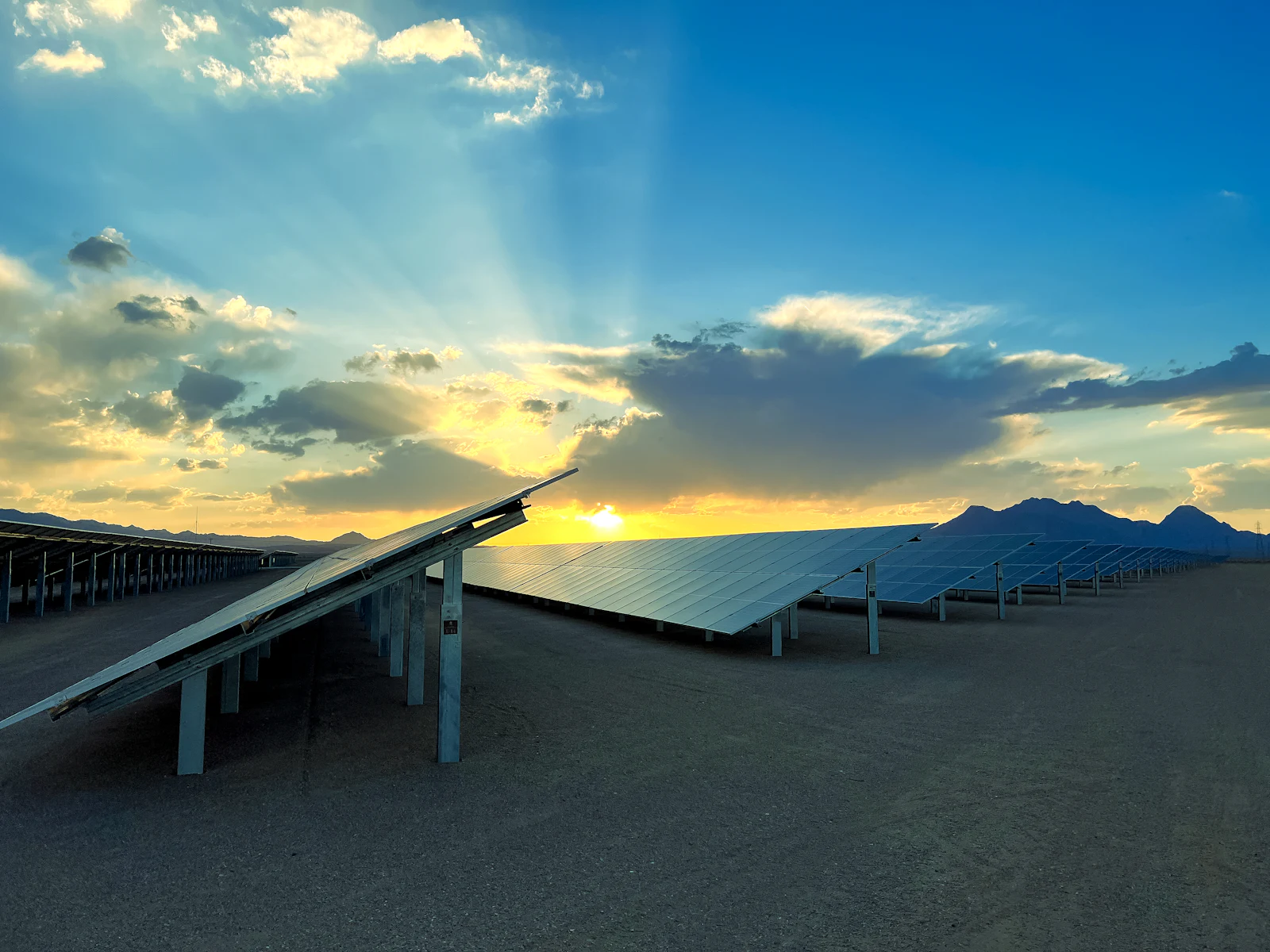Rows of solar panels at a large solar power plant at sunrise
