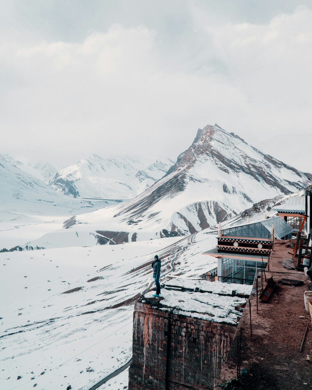 a man standing on top of a snow covered mountain