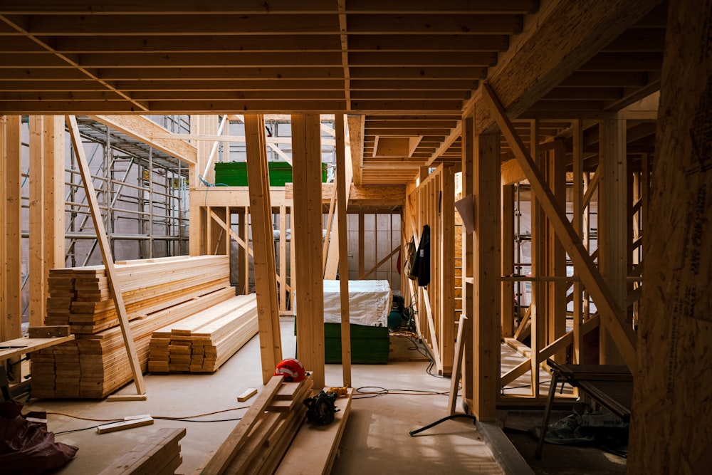 a room that has some wooden beams in it