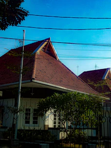 A house with a brown tiled triangular roof and white walls, partially obscured by foliage and a black metal fence in the foreground. There is a clear blue sky overhead, with several power lines running horizontally across the image. Some trees are visible as well, adding greenery to the scene.